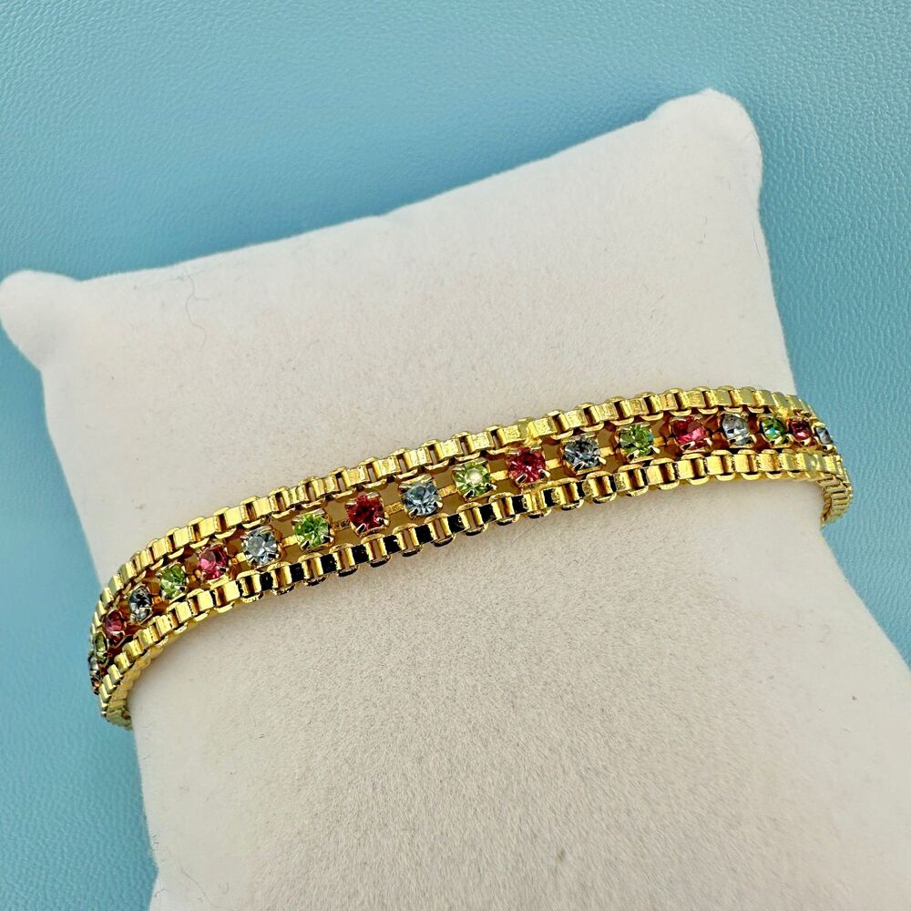 Vintage Rhinestone Bracelet Gold Tone Cup Chain Pastel Color Prong Set Stones 7"